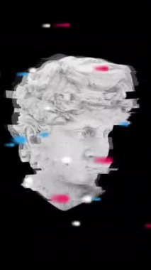 Antik heykelin animasyonu ışık yollarının üzerinde. Antika sanat, küresel bilgisayar, transfer ve veri işleme kavramı dijital olarak oluşturulmuş video.