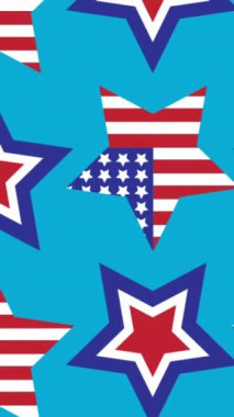 Amerikan bayrağına boyanmış yıldızların mavi arka planda canlandırılması. Vatanseverlik ve kutlama konsepti dijital olarak oluşturulmuş video.