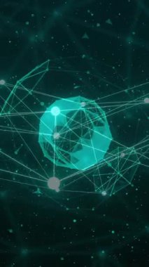 Noktaların, soyut arkaplan üzerinde dönen dünya etrafındaki çizgilerle birleştirilmesi. Dijital olarak üretilmiş, hologram, illüstrasyon, küresel iletişim ve bağlantı kavramı.