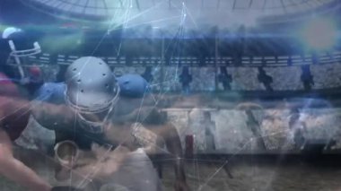 Futbol koşucusu, savunma oyuncusu ilerlemeyi durdururken grafiklerle koşuyor. Sporcu, müsabaka, dinamik, spor, enerji, aksiyon, stadyum