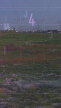 Ağ kulelerine karşı çoklu değişen numaraların animasyonu ve istatistiksel veri işleme. Küresel ağ ve iş veri teknolojisi kavramı