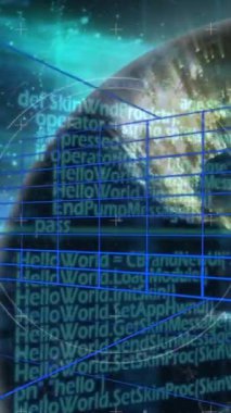 Veri işleme ve bağlantıları olan yerkürenin animasyonu. Küresel ağlar, dijital arayüz ve dijital olarak oluşturulan veri işleme konsepti.