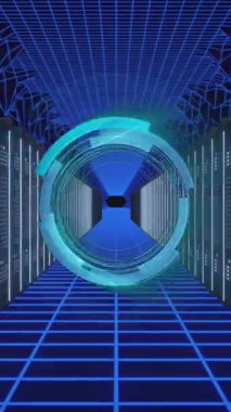 Bilgisayar sunucuları üzerinden veri işleme animasyonu. Küresel bulut hesaplama, dijital arayüz ve veri işleme kavramı dijital olarak oluşturulmuş video.