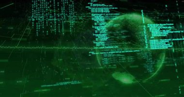 Gradyan yükleme kodunda atımlı küre etrafında veri bağlantılarını takip eden grafikler olarak dolaşır. Teknoloji, veri görselleştirme, dijital, fütüristik, siber, soyut, yenilik