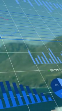 Beyaz kadın ve manzara üzerinde finansal veri işleme animasyonu. Küresel finans, iş, bağlantılar, hesaplama ve veri işleme kavramı dijital olarak oluşturulmuş video.