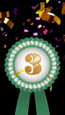 Yeşil-beyaz rosette animasyonu, 3 numara ve siyah arka planda düşen altın konfetisi. Üçüncülük, rekabet, ödül, başarı, başarı ve kutlama, dijital olarak oluşturulmuş video.