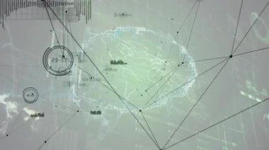 Ortaya çıkan dünya çizgisi, hareket eden düğümleri tetikliyor ve veri göstergelerini ve grafiklerini canlandırıyor. Teknoloji, bağlantı, fütürizm, veri görselleştirme, ağ, dijital arayüz, yenilik