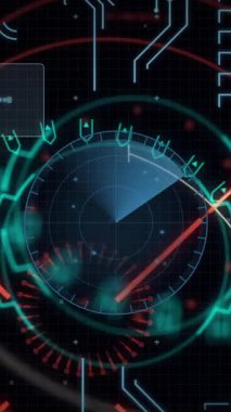 Siyah arkaplan taraması ile veri işleme animasyonu. Küresel teknoloji, bilgisayar ve dijital arayüz kavramı dijital olarak oluşturulmuş video.