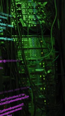 Animation of data processing against computer server room. Computer interface and business data storage technology concept