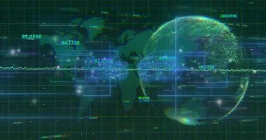 Şebeke canlandırma haritaları, veri etiketleri, veri akışı titreşimleri, ortaya çıkan küre, görselleştirme verileri için dönüyor. Dijital, görselleştirme, fütüristik, analitik, teknoloji, soyut, yenilik