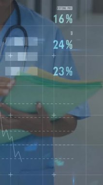 Hastane koridorundaki sağlık uzmanı üzerinde tıbbi veri analizi animasyonu. teknoloji, yenilik