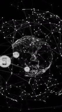 Dünya üzerindeki simgelerle bağlantı ağının animasyonu. Dijital olarak oluşturulmuş küresel bağlantılar, hesaplama ve veri işleme kavramı.