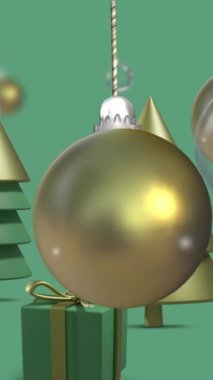 Yeşil arka planda noel süslemelerinde takılanların canlandırılması. Noel, gelenek ve kutlama konsepti dijital olarak oluşturuldu.