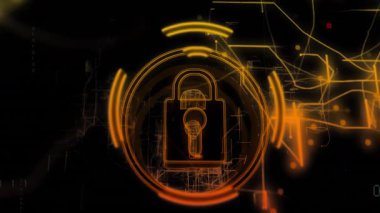 Asma kilit çizgisi titreşimli halkalarla beliriyor çizgileri birleştiriyor kod yayıyor veri akışını güvenceye alıyor. Siber güvenlik, şifreleme, dijital, teknoloji, modern, koruma, veri