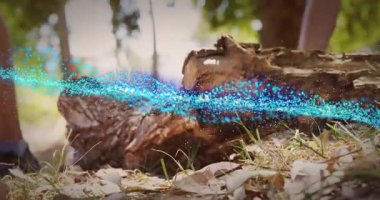 Mavi parçacıklar odun kesmek için baltaya basan vurgu yapan adamı süpürüyor. Doğa, orman, marangozluk, açık hava, işçilik, enerji, macera