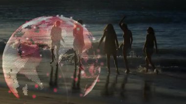 Küresel grafikler arkadaşlığı gözler önüne sererken kadınlar seyahat pazarlaması için ayak bileği yüksekliğinde sörf yapıyorlar. Arkadaşlık, sahil, dostluk, refah, dinginlik, uyum, rahatlık.