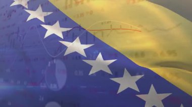 Piyasa eğilimlerini gösteren dalgalı finans grafikleri üzerinde dalgalanan Bosna bayrağıyla açılış. Vatansever, modern, dinamik, soyut, finans, dijital, veri görselleştirme