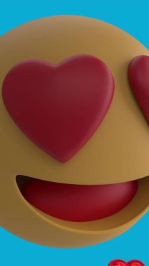 Kırmızı kalpli, mavi arka planda kırmızı balon ikonları olan gülümseyen emoji ikonu animasyonu. küresel sosyal medya ve iletişim konsepti dijital olarak oluşturulmuş video.