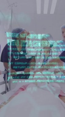 Hastanedeki hastaları iten kadın ve erkek doktorların tıbbi verilerinin animasyonu. Dijital olarak üretilen tıbbi ve sağlık hizmetleri kavramı.