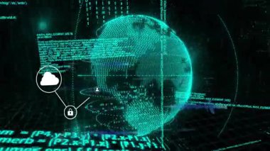 Şebeke açılışı Dünya 'yı döndürüyor, asma kilit ve kullanıcı simgeleri dünyayı birbirine bağlıyor, güvenli bulut ağı oluşturuyor. Siber uzay, bağlantı, siber güvenlik, dijital altyapı, veri güvenliği, bulut teknolojisi, ağ güvenliği