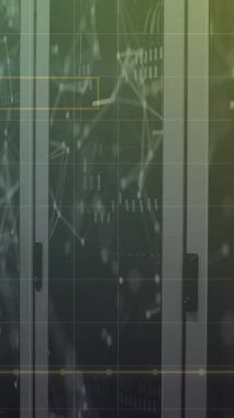 Bilgisayar sunucu odasına karşı istatistiksel veri işleme ve bağlantı ağının animasyonu. Bilgisayar arayüzü ve iş veri depolama teknolojisi kavramı