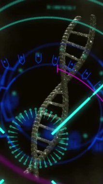 Dna iplikçiklerinin üzerinde mikroskop taraması. Küresel bilim ve dijital arayüz kavramı dijital olarak oluşturulmuş video.