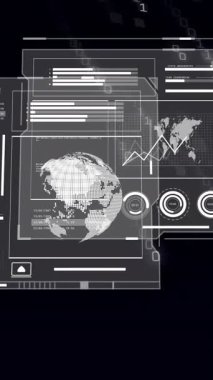 Veri işleme ve küresel diyagramlar üzerine ikili kodlama animasyonu. Teknoloji ve dijital arayüz kavramı dijital olarak oluşturuldu.