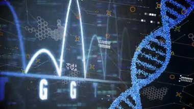 UI yükünde, DNA sarmalı dönüyor, zirveler yükseliyor, bazlar sıralama için güncelleniyor. Fütürist, bilimsel, moleküler, dijital, laboratuvar, biyoteknoloji, teknoloji