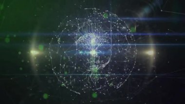 Belirsiz bir ana hatla ortaya çıkan sinirsel ağ küresinin genişlemesini tetikler ve bağlantıyı göstermek için titreşir. Teknoloji, yenilik, siber, gelecek, veri, ağ, dijital