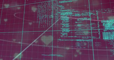 Mor 3D ızgara açılıyor. Yüzen kalp ışıkları turkuaz kod döngüsü ve akan verileri gösteriyor. Fütürist, teknoloji, dijital, 3D, holografik, soyut, yenilik