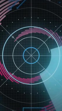 Siyah zemin üzerinde dönen çizgiler üzerinde bilgisayar devre kartı ile tarama alanının animasyonu. Küresel teknoloji, bilgisayar ve dijital arayüz kavramı dijital olarak oluşturulmuş video.