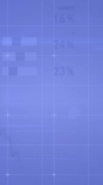 Mavi arkaplandaki grafik ve grafikler üzerinden veri işleme animasyonu. Veri, ağ, dijital arayüz, iş, bağlantı ve iletişim, dijital olarak oluşturulmuş video.