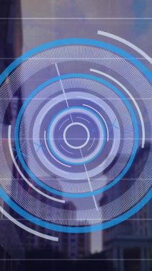 Animation of round scanner and statistical data processing against tall buildings. Computer interface and business data technology concept