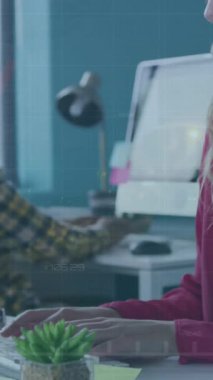 Animation of financial data processing over caucasian businesswoman with computer in office. Global business, finance, computing and data processing concept digitally generated video.