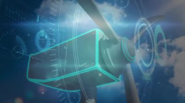 Türbin göbeğinde dönen yakın çekimli başlatma bıçakları açılıyor ve veri gösteriliyor. Yenilenebilir enerji, teknoloji, dijital, geleceksel, mühendislik, sürdürülebilirlik