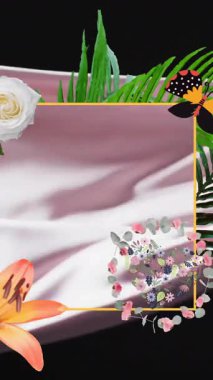 Siyah arka planda, üzerinde çiçekler olan bir çerçeve animasyonu. Doğa, bitkiler ve uyum, dijital olarak üretilen video.