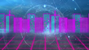 Şebeke genişlemesi neon ufuk çizgisinin yükselmesini tetikler, ağ ölçümlerini gösteren küresel veriler ortaya çıkar. Fütürist, siber punk, dijital, teknoloji, yenilik, soyut, canlı