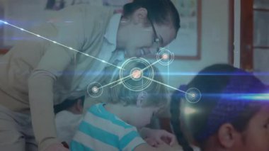 Eğitim ağı çizgilerini başlatan ve sıraları genişletmekte olan çocuk rehberlik eden kadın öğretmen. Öğrenme, işbirliği, eğitim, bağlantı, dijital, yenilik, danışmanlık