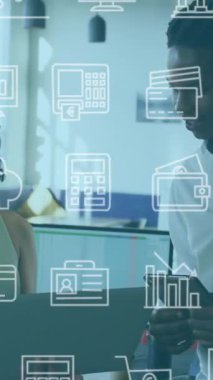 Animation of icons and data processing over business people working in office. Global business, finance, computing and data processing concept digitally generated video.