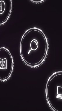 Işık yolları üzerinde daireler çizen iş simgelerinin animasyonu. Küresel iş ve dijital arayüz kavramı dijital olarak oluşturulmuş video.