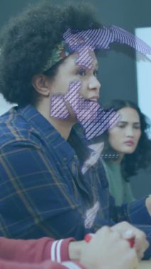 Animation of globe and data processing over business people in office. Global computing, finance, business and data processing concept digitally generated video.