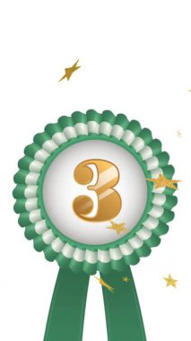 Yüzen altın başlangıcın animasyonu ve beyaz arka planda üçüncü sırada yer alan madalya. Zafer, şenlik ve kutlama konsepti dijital olarak oluşturulmuş video.