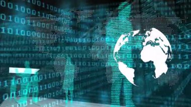 Koridor ızgarasında yarı saydam siluetler ve ikili veri akışını gösteren dönen bir küre görülüyor. Gelecekçi, dijital, küresel, teknoloji, ağ, yenilik, siber