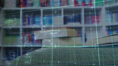 Turkuaz şebeke taraması kitap raflarının kaldırılmasına ve sayfaların analiz için açılmasına neden oluyor. Teknoloji, yenilik, dijital, eğitim, kütüphane, arayüz, geleceksel