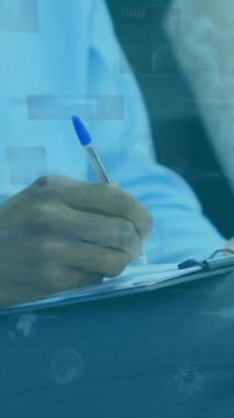 Animation of data processing and round scanners over mid section of businessman writing on clipboard. Computer interface and business technology concept