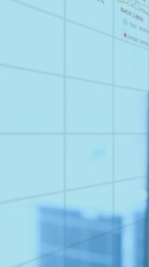 Ofisteki iş kadınıyla ilgili finansal veri işleme animasyonu. Küresel hesaplama, dijital arayüz ve veri işleme kavramı dijital olarak oluşturulmuş video.