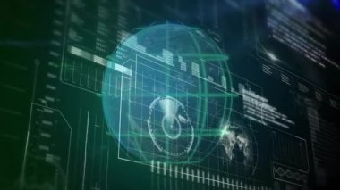 Karanlık arayüz açılışı kablo küresi ortaya çıkıyor, dönüyor, grafikler, gösterge, harita ve kod gösterimi. Teknoloji, veri görselleştirme, fütürist, dijital arayüz, analitik, hareketli grafikler, siber güvenlik