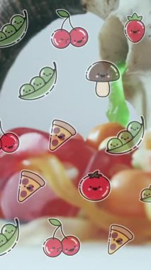 Meyve ve sebze üzerine düşen yiyeceğin animasyonu. Dünya gıda günü, beslenme, diyet dijital olarak üretilen video