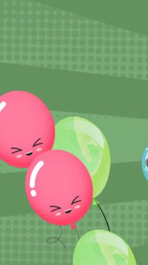 Yeşil arka planda uçan renkli balonların canlandırması. parti ve kutlama konsepti dijital olarak oluşturulmuş video.