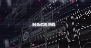 Şebeke taraması HACKED etiketini gösteriyor, paneller yer değiştirme kodlarını değiştiriyor, devreler kırılma sinyalini veriyor. Siber uzay, dijital, teknoloji, gelecek, ağ, arayüz, siber güvenlik